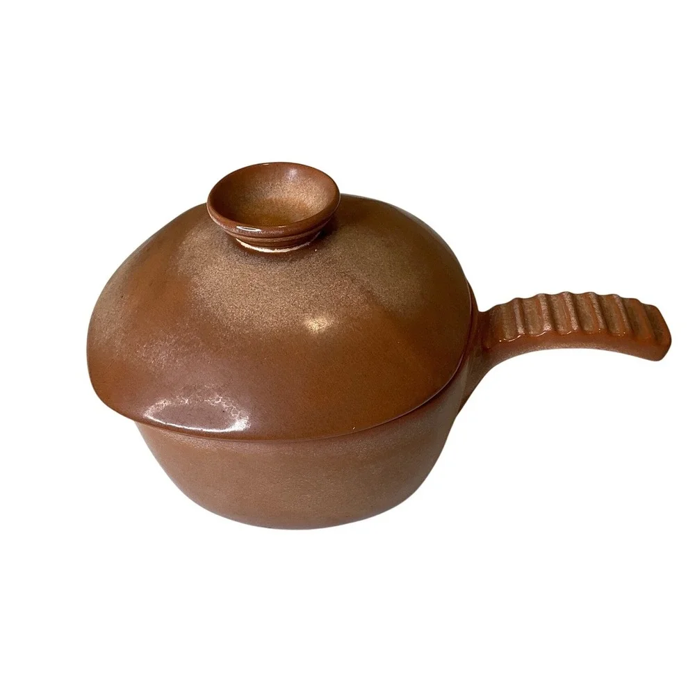 Vintage Frankoma 5FD Pottery Plainsman Gold Handled Covered Fondue Pot & Lid MCM